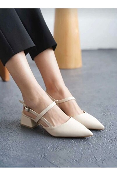 doğan gurup Cilt mat Bej sivri burun kısa blok topopuklu kadın ayakkabı