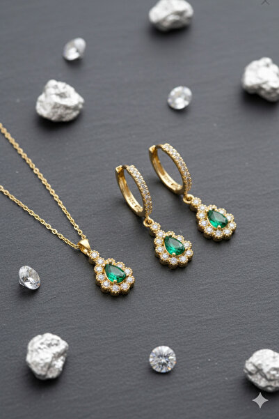 ADA LİFE GÜMÜŞ (ÖZEL KUTULU) 925 Ayar Gümüş Damla Yeşil Taşlı Model Zirkon Ta...