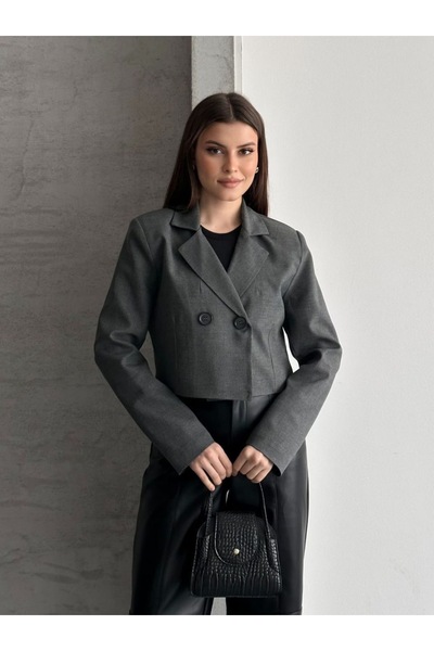 timagna Kadın Kısa Blazer Ceket Çift Düğmeli Uzun Kollu Kısa Ceket