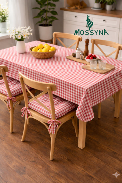 Mossyna Premium Duck Bezi Checkered Tablecloth and Set of 4 40X40 Cushion Bea...