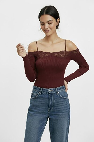 Bliss Kadın Kayık Yaka Dantel Detaylı Uzun kollu Bluz