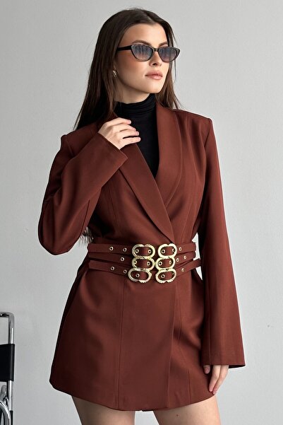 moda armanc Women's 3-Belt Blazer Jacket with Gold Buckle, Double-Breasted Cut