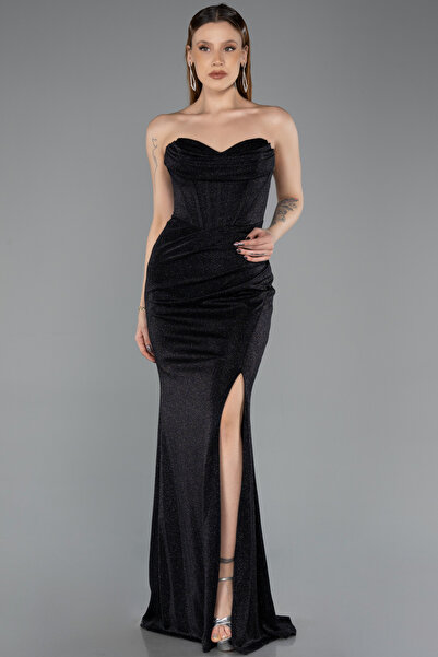 Abiyefon Siyah Straplez Bacak Dekolteli Uzun Simli Abiye Elbise ABU5620