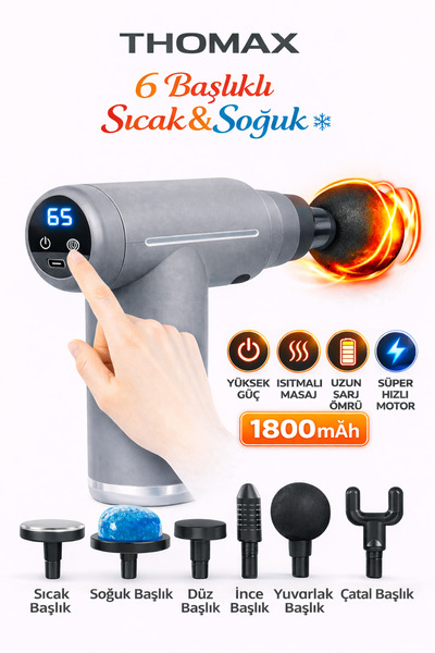 THOMAX 6 Başlıklı Profesyonel Darbeli Masaj Tabancası Ve Titreşimli Masaj Aleti