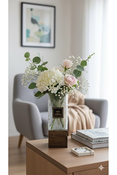 NEWNOW Acacia Base Glass Vase Decorative Transparent Glass Vase Modern Table ...