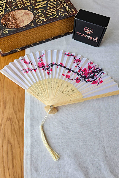 Cinderella Kiraz Çiçeği Desenli Japon Bambu Ahşap El Yelpazesi 21cm - Krem Pü...