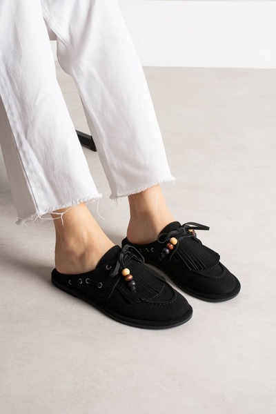 diclepolat Women's Black Suede Sabo Slippers with Tassels and Bead Detail, Co...