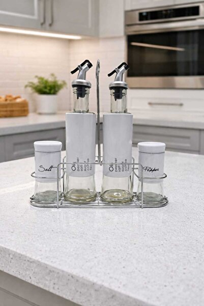lve Olivier set, 4 pieces made of glass with metal stand, 2 salt/pepper conta...