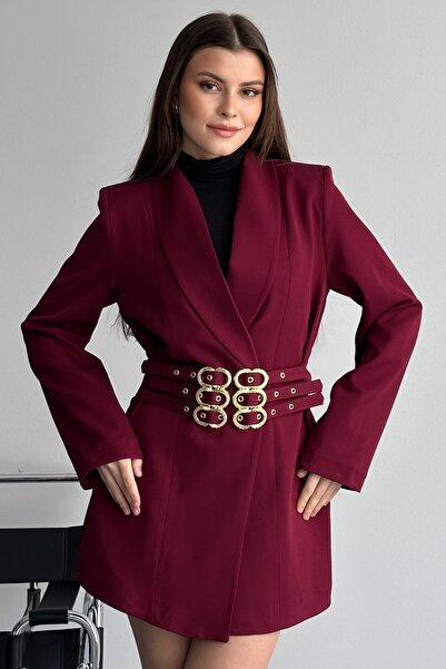 moda armanc Women's 3-Belt Blazer Jacket with Gold Buckle, Double-Breasted Cut