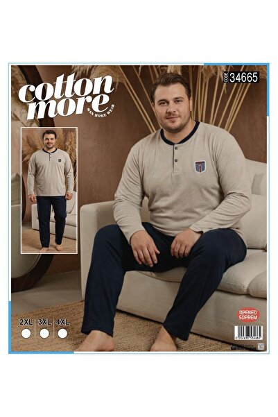 Cotton More Opened Single Jersey King Size Men's Pajamas Long Sleeve with 3 B...