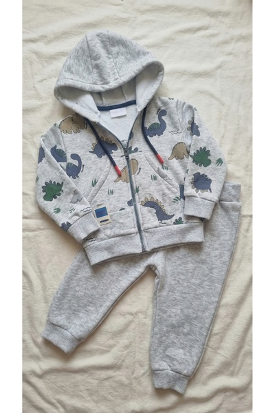 Sabi Boy's Dinosaur Patterned Hooded Zippered Sweatshirt and Sweatpants Set w...