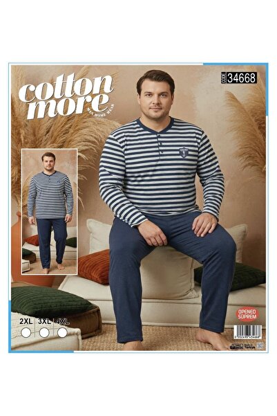 Cotton More Opened Single Jersey King Size Men's Pajamas Long Sleeve with 3 B...