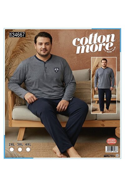 Cotton More Opened Single Jersey King Size Men's Pajamas Long Sleeve with 3 B...