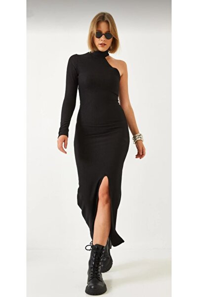 NayStyle Black One-Sleeve Low-Cut High-Neck Ribbed Knitted Midi Length Slit D...