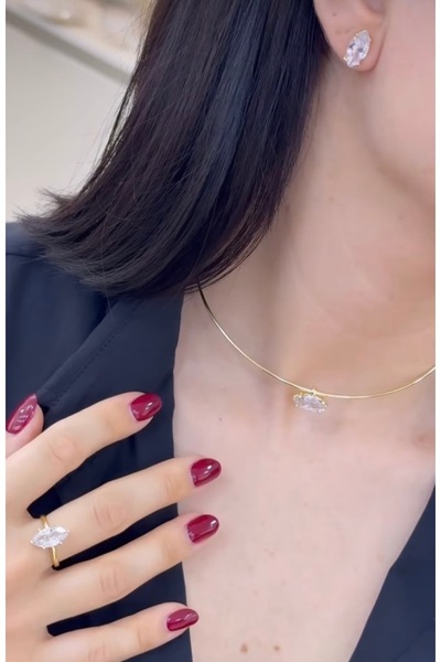 mibrillo Pırlanta kesim tek taş choker kolye yüzük ve küpe seti