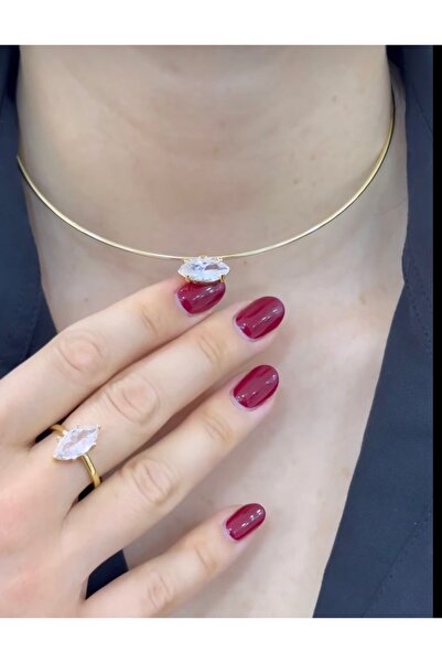 mibrillo Çelik pırlanta kesim tek taş choker kolye ve yüzük seti