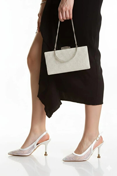 MFT AYAKKABI Women's Stoned Transparent Mesh Evening Dress Shoes and Bag Set