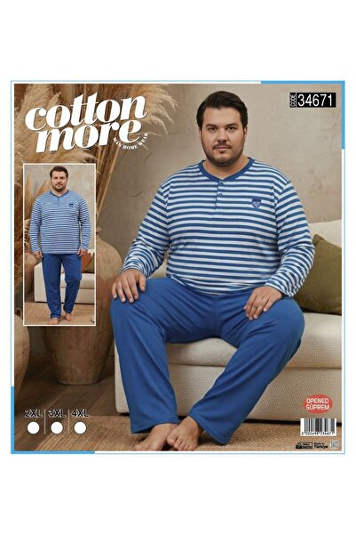 Cotton More Opened Single Jersey King Size Men's Pajamas Long Sleeve with 3 B...