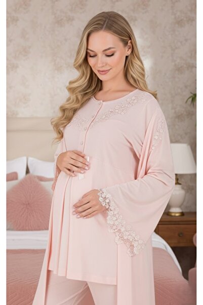 Lohusa Homewear New Season Pink Long Sleeve Lace Detailed Buttoned Stylish Ma...