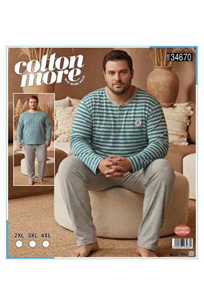 Cotton More Opened Single Jersey King Size Men's Pajamas Long Sleeve with 3 B...