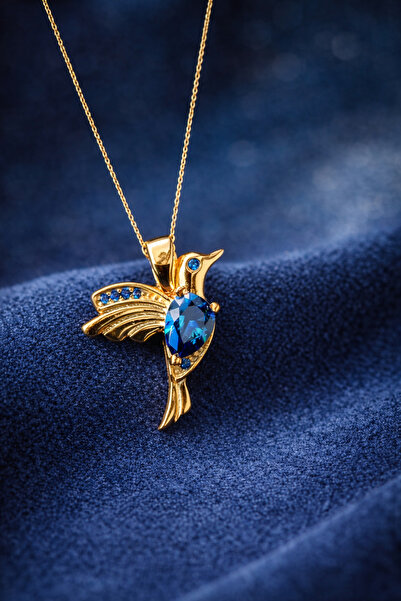 KAR DİAMOND 14 Ayar Altın Zincirli Safir Mavisi Damla Taşlı Aşk Kuşu Kolye - ...