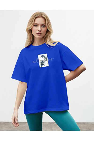 caddekombin Women's Oversize Alvays Printed Saks Blue T-Shirt