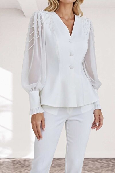 Moda Amore Pearl Embellished Peplum Blouse and Pants Set |   Premium White & ...