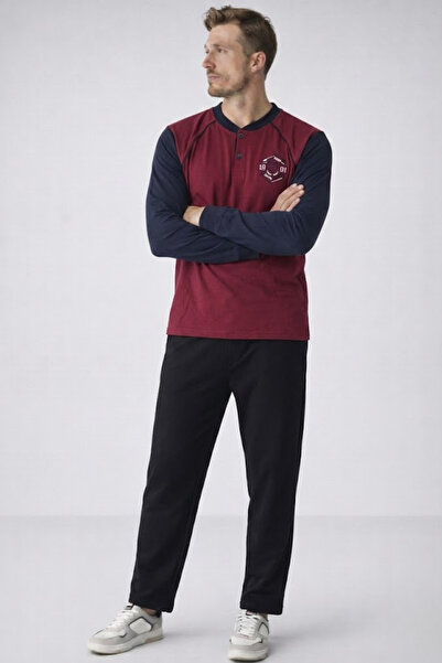 COMBİNE MİCHAİL Ανδρικό σετ πιτζάμες με στάμπα Premium Comfort σε μπορντό χρώμα