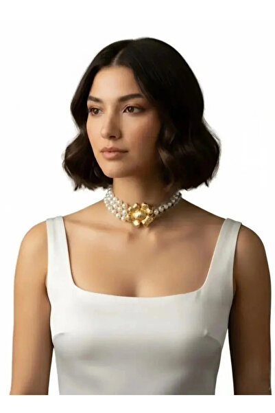 Dorvina 3 Rows Big Pearl Jewelry Vintage Design Gold Flower Detailed Choker W...