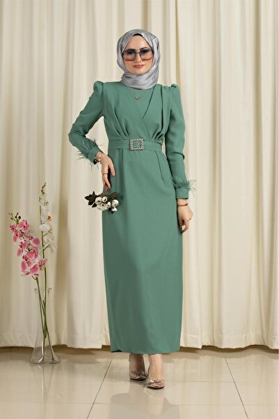 Sevitli Venüs Kolu Tüy Detaylı Abiye-mint Yeşili