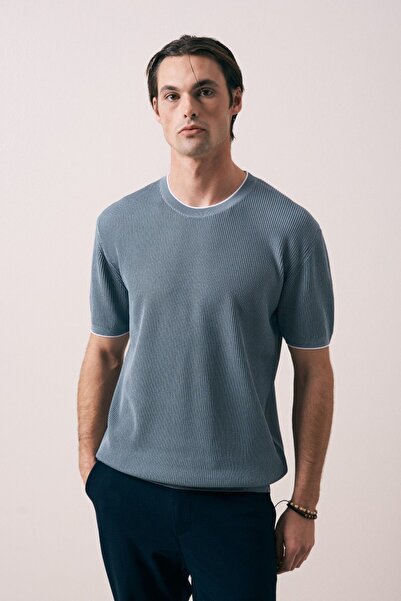 İLKCET MODA Crew Neck Indigo Ribbed Men's Knitwear T-Shirt
