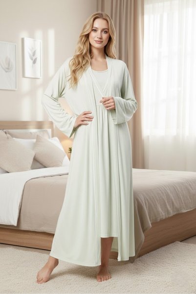 Lohusa Homewear New Season Mint Green Full Length Double Breasted Short Sleeve 100% Cotton Maternity Maternity Dressing Gown Nightgown Set