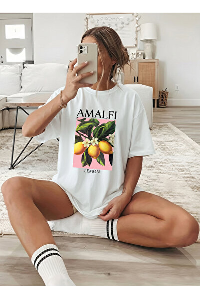 caddekombin Women's Oversize Amalfi Lemon Printed White T-Shirt
