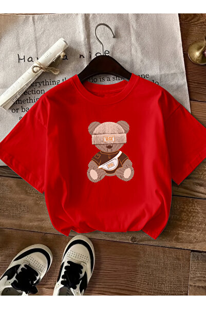 caddekombin Women's Oversize the Best Bear Printed Red T-Shirt