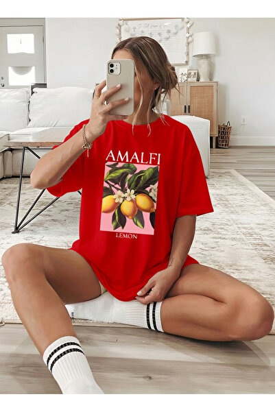 caddekombin Women's Oversize Amalfi Lemon Printed Red T-Shirt