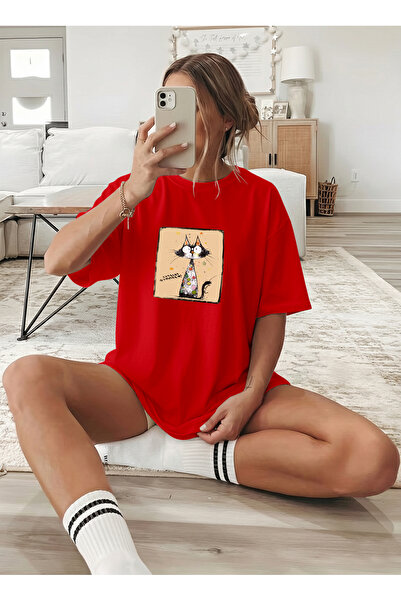 caddekombin Women's Oversize Cute Cat Summer Printed Red T-Shirt