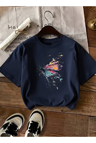 caddekombin Women's Oversize Colorful Caterpillar Printed Navy Blue T-Shirt