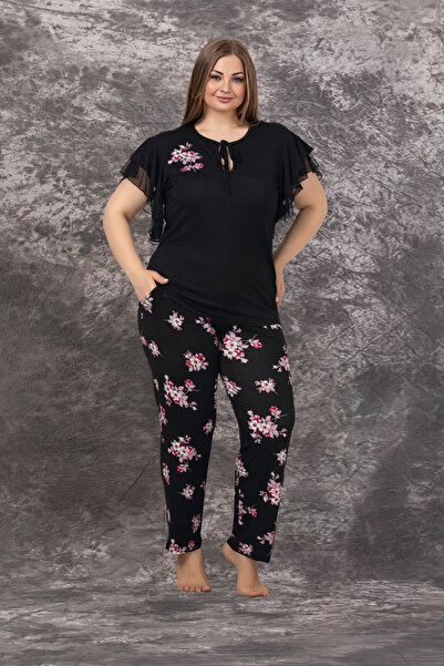 MOPİ Plus Size Short Sleeve Stylish Lace Sleeve Detailed Floral Patterned Paj...