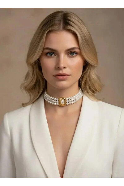 Dorvina 3 Row Pearl Jewelry Vintage Design Gold Detailed Choker Women's Necklace