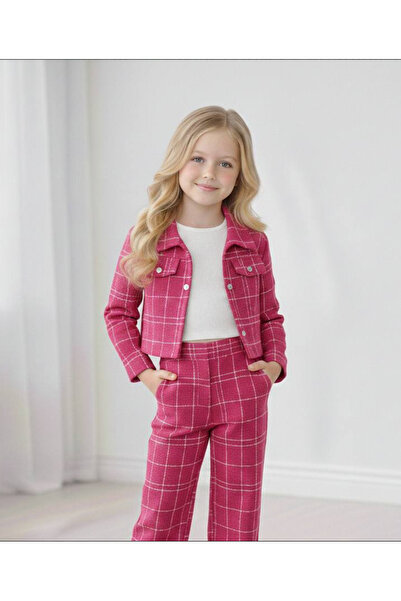 LaxVan Kız Çocuk Ekoseli Tüvit Ceket Pantolon Takım - Şık İkili Takım