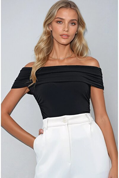 OLSAMODA Women's Madonna Collar Drape Detail Flexible Sandy Fabric Blouse