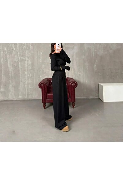Butik Kadın omuz Detaylı Yandan Yırtmaçlı parmak geçmeli Bluz Pantolon Takım