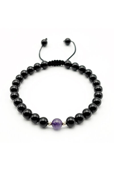 BIJUTERIA NEAGRA Brățară cu bile de aur de 14K și pietre de onix și ametist
