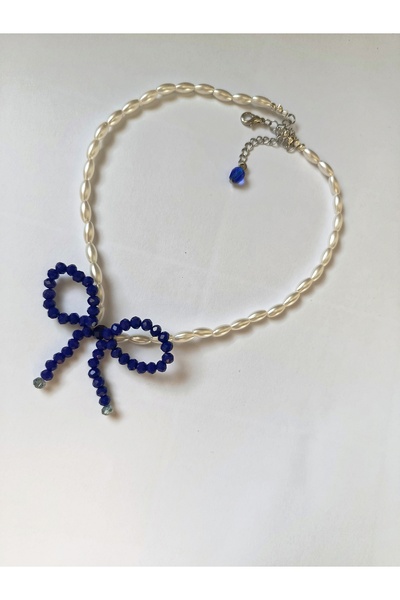 TREND Navy Blue & White Pinterest Bow Design Choker Lina Pearl Bead Necklace