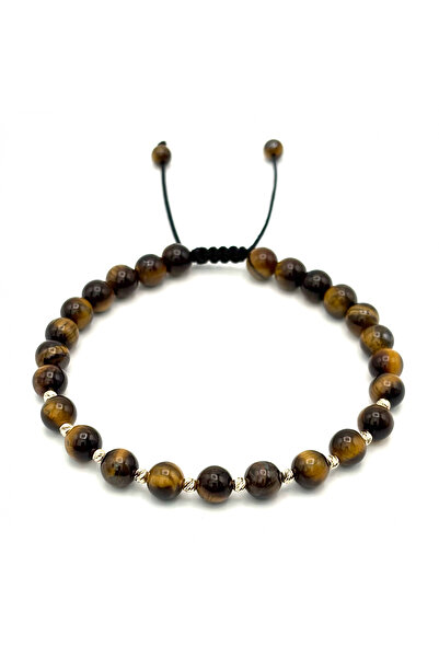 BIJUTERIA NEAGRA Brățară cu 10 bile de aur de 14K și ochi de tigru de 6 mm
