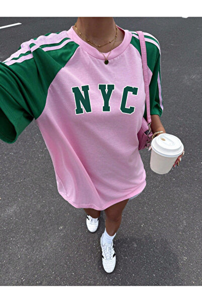 Gofeel Nyc Desenli Pembe Yeşil Reglan Kol Oversize T-shirt