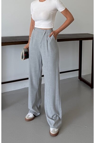 mor butik Γυναικείο υφασμάτινο παντελόνι σε γκρι χρώμα με φερμουάρ