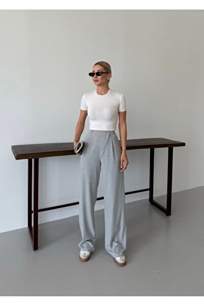 mor butik Women's Gray Cross-Zipper Fabric Pants