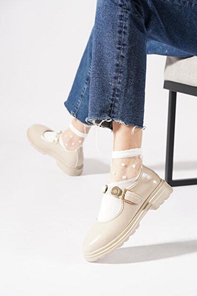 Moda Pie Jesica beige wrinkled women's flat shoe with money buckle