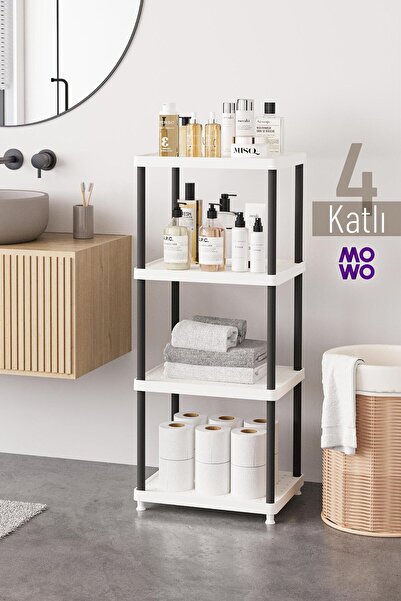 Mowo Home 4 Katlı Beyaz-Siyah Bacak 40x33 Plastik Banyo Raf Sistemi, Mutfak R...